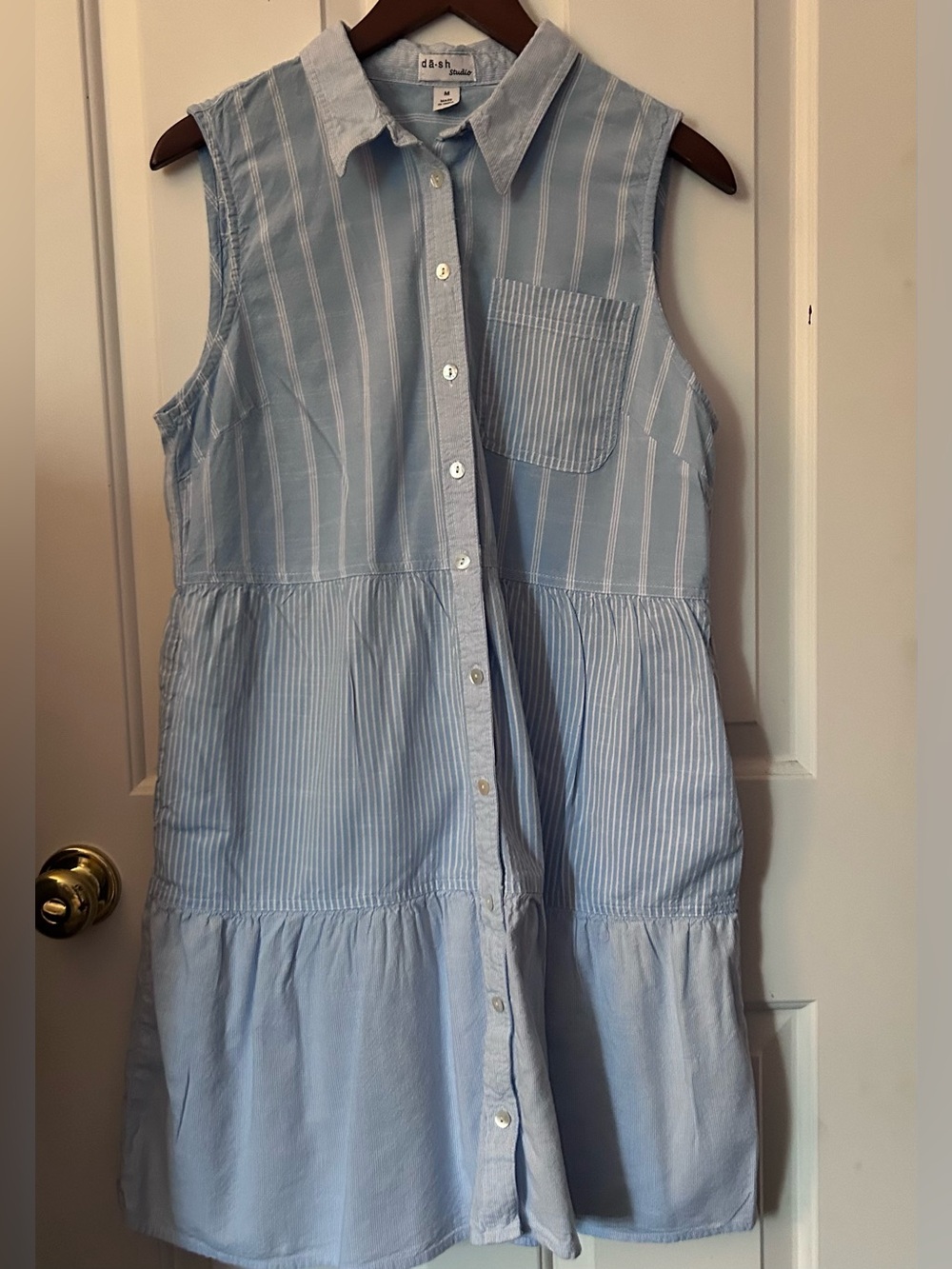 Blue and White Striped Sleeveless Tiered Shirt Dress by da-sh Studio Size Medium